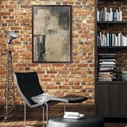 «Тёмно-серая абстракция» в интерьере кабинета в стиле лофт с кирпичными стенами