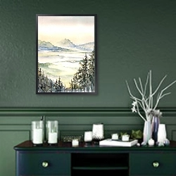 «Туманный горный пейзаж» в интерьере прихожей в зеленых тонах над комодом