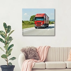 «Красный грузовик с трейлером на шоссе» в интерьере современной светлой гостиной над диваном