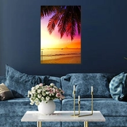 «Красивый закат над пляжем» в интерьере современной гостиной в синем цвете