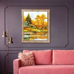 «Золотой осенний лес у озера» в интерьере гостиной с розовым диваном