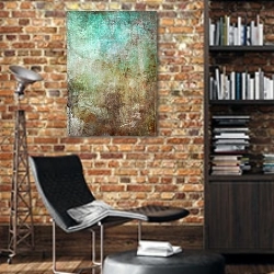 «Абстрактная изумрудно-серая гранж текстура» в интерьере кабинета в стиле лофт с кирпичными стенами
