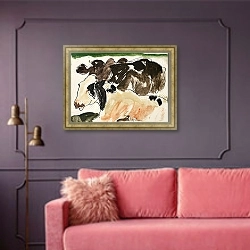 «Cows» в интерьере гостиной с розовым диваном