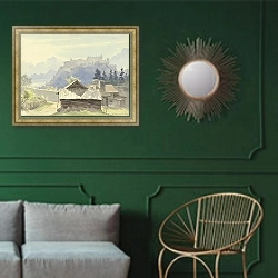 «Хоэнзальцбург, видимый с горы Капуцинов» в интерьере классической гостиной с зеленой стеной над диваном