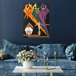 «dancing girls in colourful rays» в интерьере современной гостиной в синем цвете