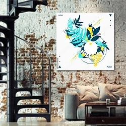 «Абстрактная растительная композиция 1» в интерьере двухярусной гостиной в стиле лофт с кирпичной стеной