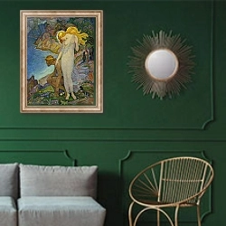 «Odysseus and Calypso, 1929» в интерьере классической гостиной с зеленой стеной над диваном