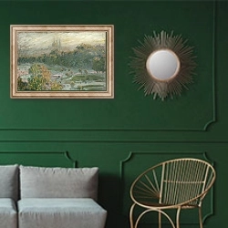 «Сады под Лувром. Этюд» в интерьере классической гостиной с зеленой стеной над диваном