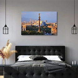 «Испания. Барселона. Памятник Колумбу» в интерьере современной спальни с черной кроватью