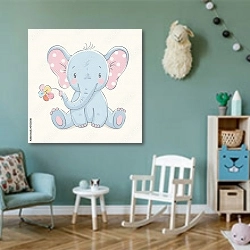 «Голубой слоненок с цветком» в интерьере детской комнаты для девочки в бирюзовых тонах