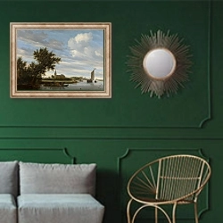 «River View with Church and Ferry» в интерьере классической гостиной с зеленой стеной над диваном