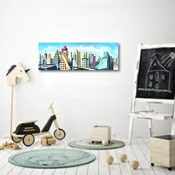 «Город будущего» в интерьере детской комнаты для мальчика с самокатом