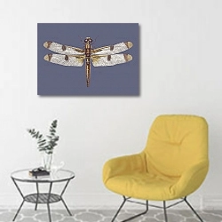 «Стрекоза на синем фоне» в интерьере комнаты в скандинавском стиле с желтым креслом