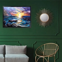 «On the stone shore» в интерьере классической гостиной с зеленой стеной над диваном