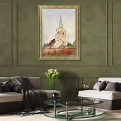 «St. Peters Church, Cambridge, England» в интерьере гостиной в оливковых тонах