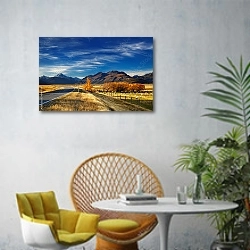«Осенний вид на гору Кука, Кентербери, Новая Зеландия» в интерьере современной гостиной с желтым креслом