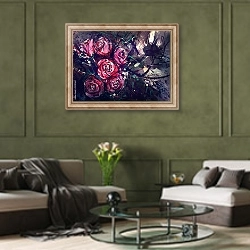 «Акварельные розы в стиле абстракционизма» в интерьере гостиной в оливковых тонах