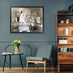 «Танец на столе» в интерьере гостиной в стиле ретро в серых тонах