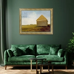 «Newmarket Heath, with a Rubbing-Down House, c.1765» в интерьере зеленой гостиной над диваном