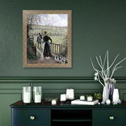 «The Woman with the Geese, 1895» в интерьере прихожей в зеленых тонах над комодом