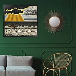 «Het onweder» в интерьере классической гостиной с зеленой стеной над диваном