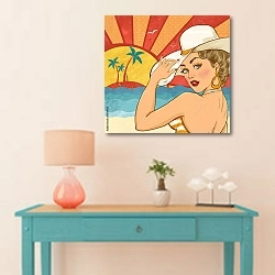«Иллюстрация девушки на пляже» в интерьере в стиле поп-арт над голубым столиком