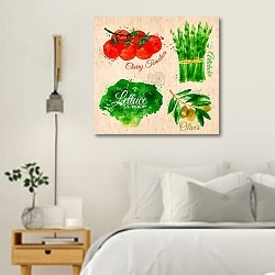 «Салат, помидоры черри, спаржа и оливки» в интерьере белой спальни в скандинавском стиле