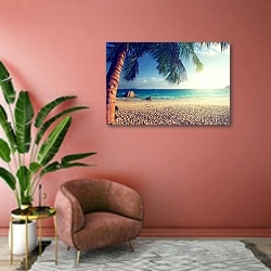 «Пляж Анс Лацио, Сейшельские острова» в интерьере современной гостиной в розовых тонах