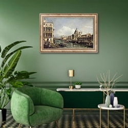«Entrance to the Grand Canal, Venice» в интерьере гостиной в зеленых тонах