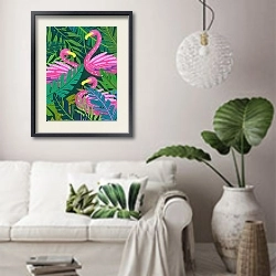 «Flamingos in the jungle» в интерьере светлой гостиной в скандинавском стиле над диваном