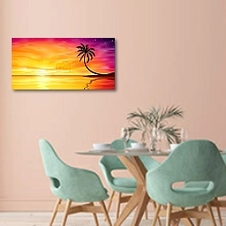 «Закат с морем и пальмой» в интерьере современной столовой в пастельных тонах