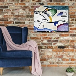 «Lyric Painting by Vassily Kandinsky. 1911 Dim. 94x130 cm Rotterdam, Museum Boymans-Van Beuningen» в интерьере в стиле лофт с кирпичной стеной и синим креслом