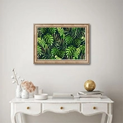 «Пальмовые листья на темном фоне» в интерьере в классическом стиле над столом