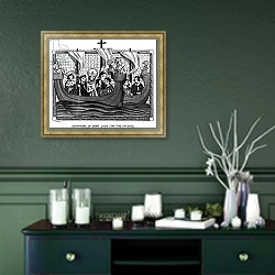 «Departure of St. Louis for the Crusade» в интерьере прихожей в зеленых тонах над комодом