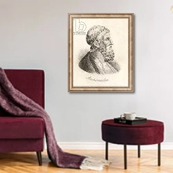 «Archimedes of Syracuse» в интерьере гостиной в бордовых тонах