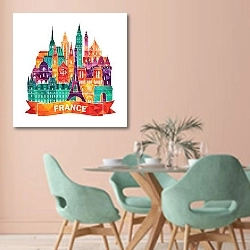 «Франция, коллаж» в интерьере современной столовой в пастельных тонах