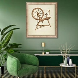 «Shaker Flax Spinning Wheel» в интерьере гостиной в зеленых тонах
