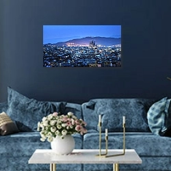 «Вид на Барселону в сумерках» в интерьере современной гостиной в синем цвете