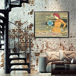 «Marque Georges Richard, Cycles Automobiles» в интерьере двухярусной гостиной в стиле лофт с кирпичной стеной