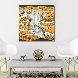 «Голова жирафа на этническом узоре» в интерьере гостиной в этническом стиле над столом