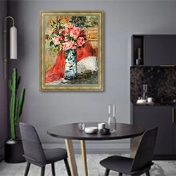 «Roses and Peonies in a Vase» в интерьере современной кухни в серых цветах