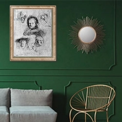 «Six heads with Saskia van Uylenburgh in the centre, 1636» в интерьере классической гостиной с зеленой стеной над диваном