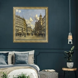 «Der Graben im Jahr 1888 in Richtung Stock im Eisen» в интерьере классической спальни с темными стенами