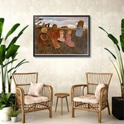 «Fünf Kinder an einem Hang, rechts Elsbeth» в интерьере комнаты в стиле ретро с плетеными креслами