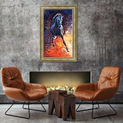 «Конь 2» в интерьере в стиле лофт с бетонной стеной над камином