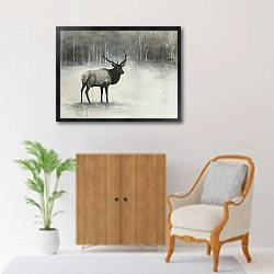 «Elk near the winter forest» в интерьере в классическом стиле над комодом