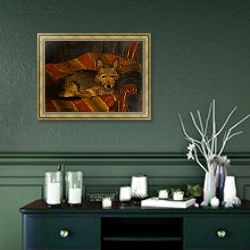 «Собака на стуле» в интерьере прихожей в зеленых тонах над комодом