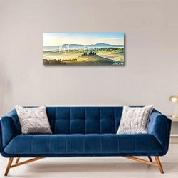 «Красивый туманный пейзаж в Тоскане» в интерьере современной гостиной с синим диваном
