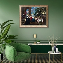 «Священная семья со Святыми на природе» в интерьере гостиной в зеленых тонах