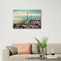 «Париж, Франция. Вид на Эйфелеву башню» в интерьере современной светлой гостиной над диваном